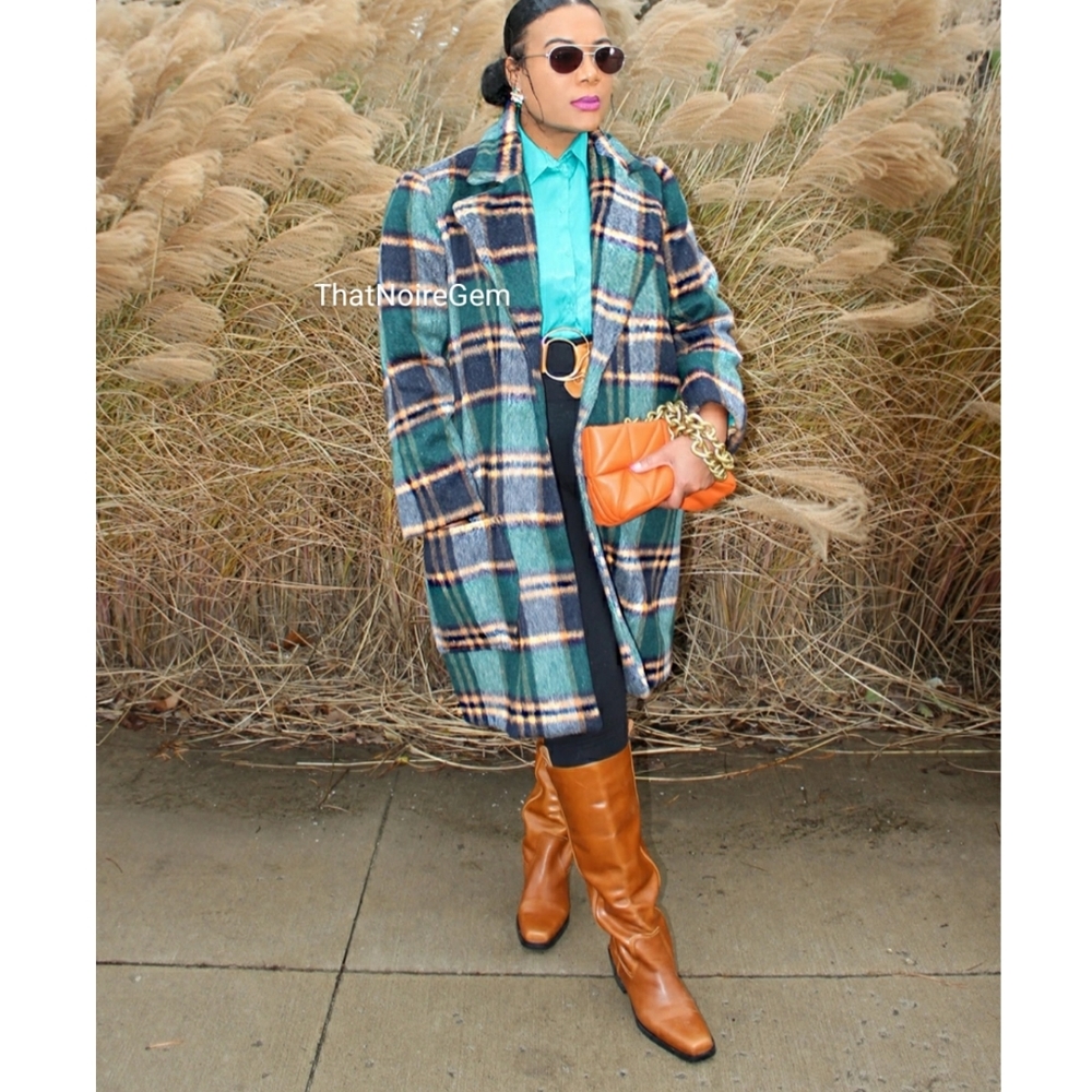 Plaid Green Brown Women Jacket Coat - Picture 2 of 3